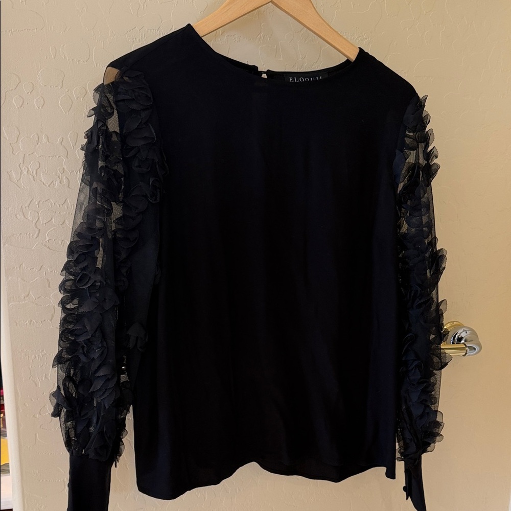 Eloquii Black Ruffle-Detail Long Sleeve Top